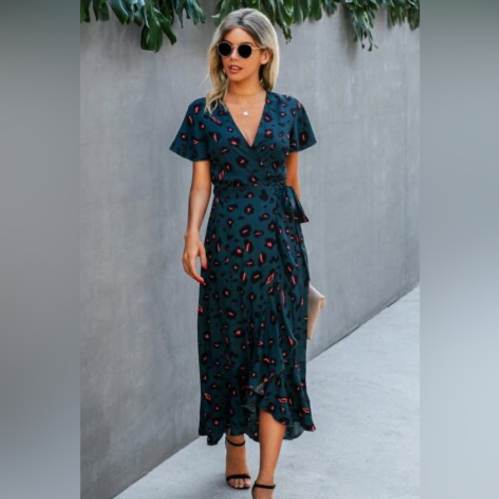 SHEIN Green and Coral Cheetah Print Wrap Midi Dress